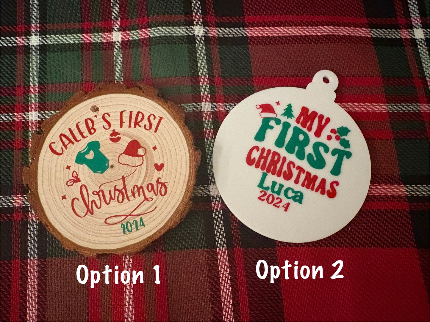 Baby’s first Christmas customized ornament rustic